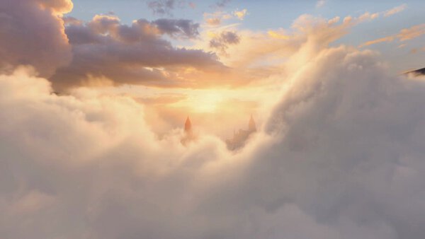 Drone Descend Sunrise Lit Clouds Ancient City