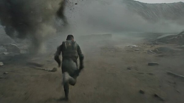 Cinematic Hero Sprinting Battlefield Kling