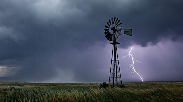 Lone Windmill Storm Dark Prairie