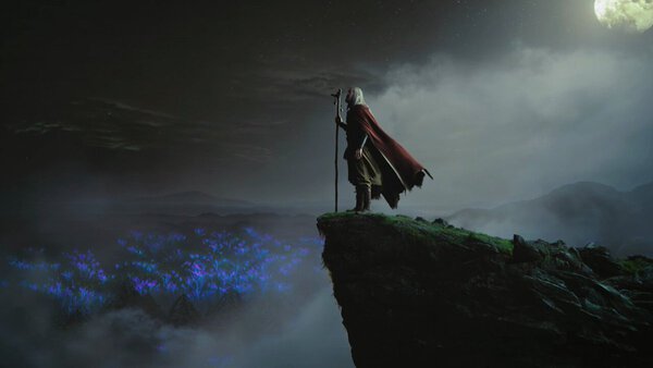 Tall Silver Haired Wanderer Misty Cliff