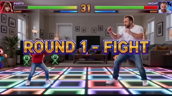Cinematic side-view fighting game style, 9-year-old girl vs dad in living room transformed into Street Fighter arena. Dynamic 2D plane camera like arcade game. Round 1 Fight banner flashes. Girl throws rapid cute punches, dad