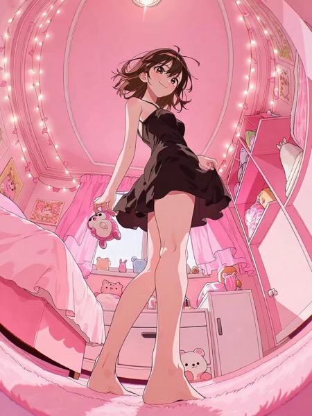 Minimalist Prompt Share Cute Anime Girl Dancing with Doll Low Angle View