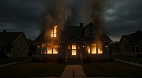 Wide Moving Shot of Burning House