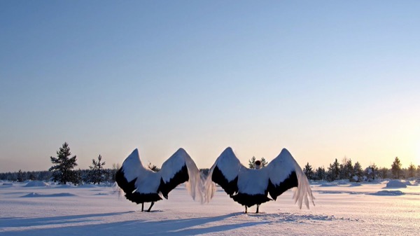 Red-Crowned Cranes Synchronized Leap