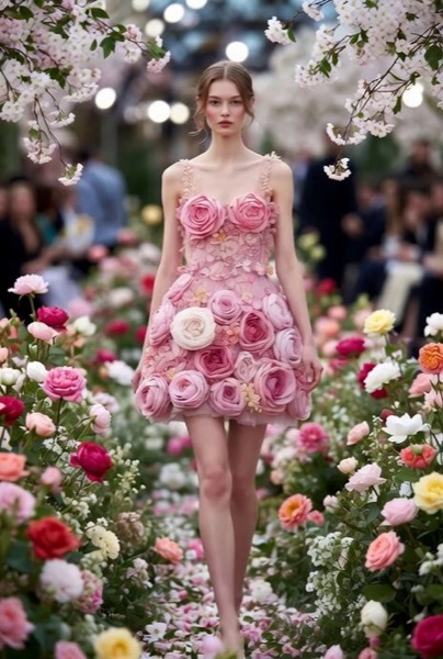 Fashion Model in Roses Dress