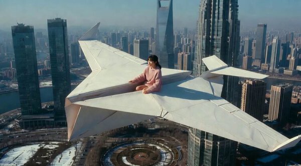 Surreal Paper Plane Girl Over Metropolis