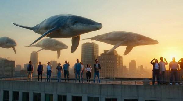 Grok Flying Whales Sunrise