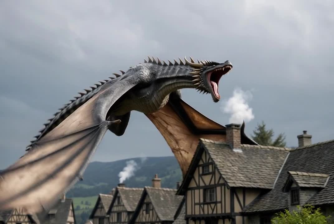 Hyperrealistic Dragon Over Medieval Village