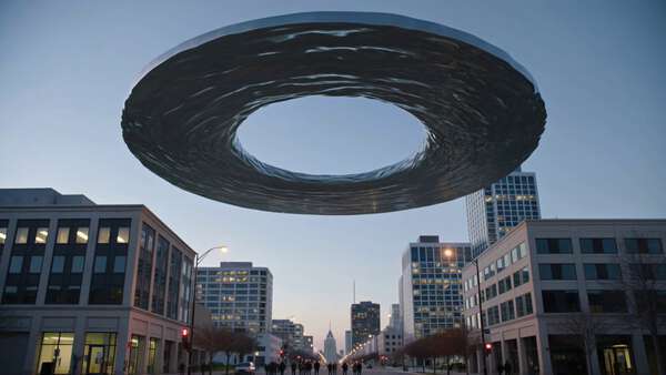 Giant Portal Hovering Above Quiet City