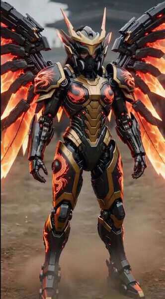 Cybernetic Female Warrior with Fire Wings