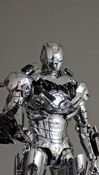 Chrome Iron Man Robot Statue with Blue Arc Reactor