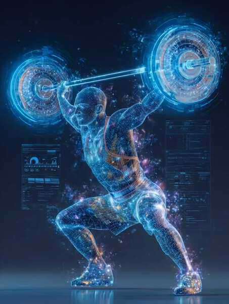 Futuristic Weightlifter with Holographic Wireframe