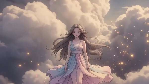 Floating Anime Girl in Dreamlike Sky