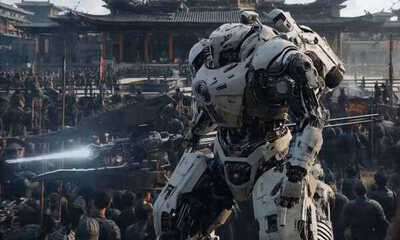 Epic Mecha Warrior on Ancient Battlefield