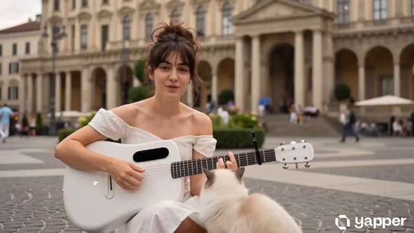 Musician in Sunlit European Piazza with Cat