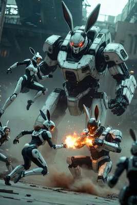 Mecha Rabbit Battle in Wasteland