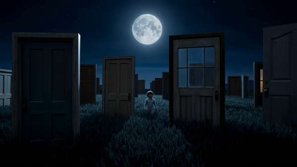 Child Walking Through Field of Doors Under Giant Moon