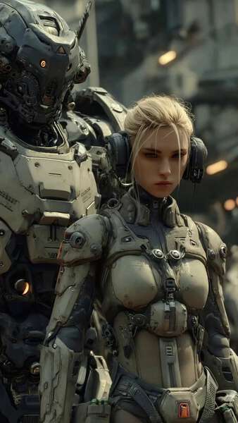 Sci-Fi Warrior with Combat Robot
