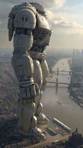 Colossal Mecha Robot Over European City