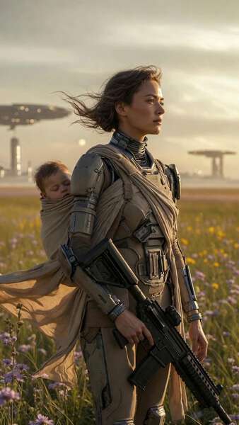 Futuristic Warrior Mother in Spring Field