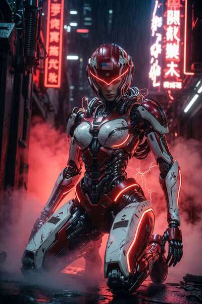 Female Cyberpunk Mecha Warrior in Red Armor