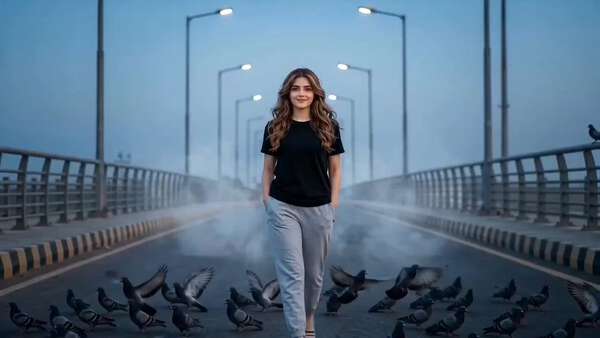 Girl Walking on Bridge with Pigeons