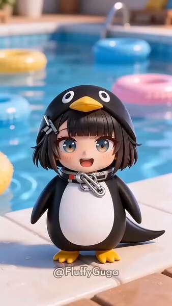 Cute Chibi Penguin Girl Floating in Pool