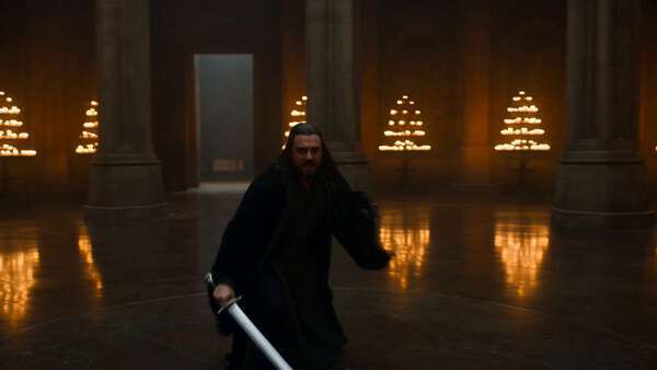Two Swordsmen Combat Ancient Palace